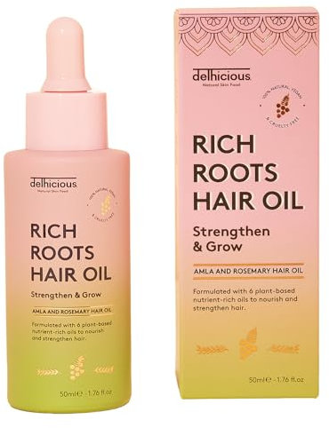 Delhicious Amla Hair Oil & Rosemary Oil for Hair Growth - Rich Roots Hair Loss Treatment for Thinning Hair - Dry Scalp Treatment with Argan Oil - Ayurveda Scalp Oil - Vegan, Sulphate Free - 50ml