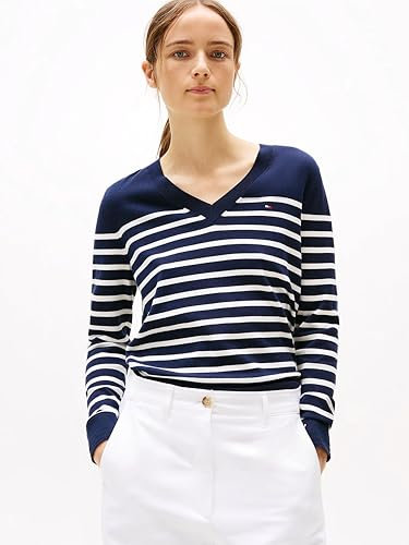 Tommy Hilfiger Damen Pullover Jersey Stitch V-Neck Strickpullover, Mehrfarbig (Her STP Dark Night Navy/Country Iv), L