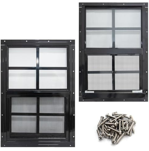 NeatiEase 2 Pack Shed Windows with Black Frame, 18x 23 Flush Mount Small Window with Tempered Glass and Fiberglass Screen for Shed, Chicken Coop, Playhouse, Household, Garage