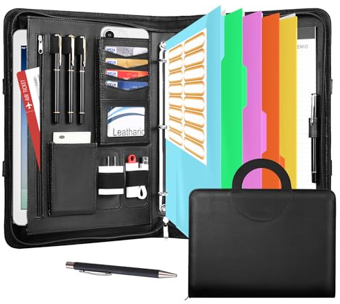 Leathario Portfolio Binder, Includes 5 Folder Index Dividers, 13 Inch Tablets Organizer with Handle, Vegan Leather A4 Padfolio, Multi-Pocket Notepad Business Planner Professional Document
