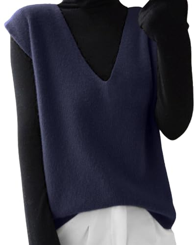 YBWZH Women's Sleeveless Jumpers Lady's Knitted Cashmere Sweater Vest V Neck Pullover Knitting Tank Top Christmas for Girl Casual Travel (Navy, L)