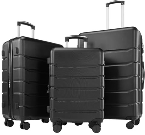 Sweetcrispy Kofferset 3tlg Hartschalenkoffer ABS+PC Erweiterbar Koffer Reisekofferset Gepäck Rollkoffer Trolley Handgepäck Sets mit TSA Schloss und 4 Rollen (M L XL -Schwarz)