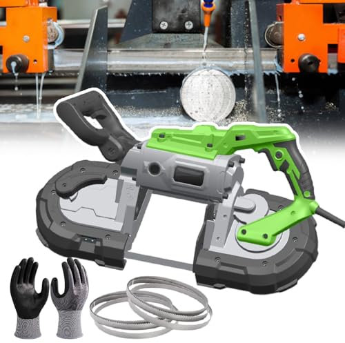 pedenencelia Portable Band Saw, Deep Cut Band Saw For Metal Wood, 0-45° Angle Cutting, Foldable Storage, With 3 Size Saw Blade (6pcs)&1 Gloves, For Copper, Aluminum, Steel, Floor,Withoutbase