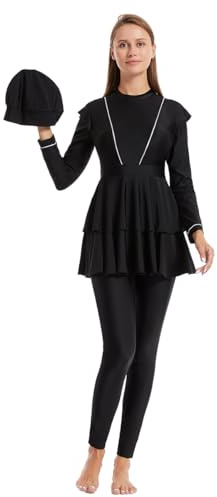 Odizli Burkini Swimwear for Ladies Muslim Swimming Costume Women Long Sleeve Ruffle Built-in Bra Top + Swim Leggings Pants + Hijab 3 Piece Full Body Modest Swimsuit Islamic Bathing Suit Black M