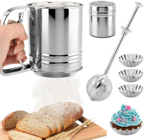 Flour Sifter, 4 in 1 Stainless Steel Baking Sifter with Powder Sugar Shaker Duster, 2-3 Cup Double Layer Fine Mesh Sifter for Baking Cakes, Pastries, Pies, Cupcakes and Desserts