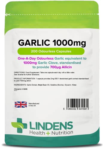 Lindens - Garlic 1000mg - 200 Odourless Capsules - UK Made - One-A-Day - Standardised to Provide 700mcg Allicin (Equivalent to 1000mg Fresh Garlic) - 6+ Months Supply - GMP & Letterbox Friendly
