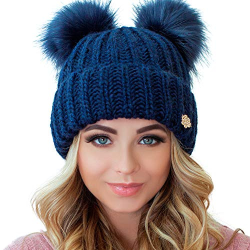 niceacsrise Beanie Women - 2 Pom Cable Knit Winter Warm Fleece Hat - Wool Snow Cuff Ski Cap (US, Alpha, One Size, Jeans)