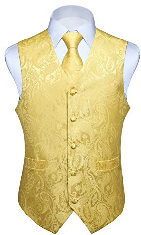 Hisdern Herrväst Paisley blommig jacquard slips ficka fyrkantig näsduk väst kostymset, Ljusgul, L