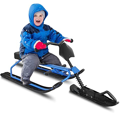 Qdreclod Schlitten Snowracer mit 2 Fußbremse und Lenkrad Schlitten Kinder Lenkschlitten für Kinder Erwachsene Ski Schlitten Tragbar Rodel Schlitten