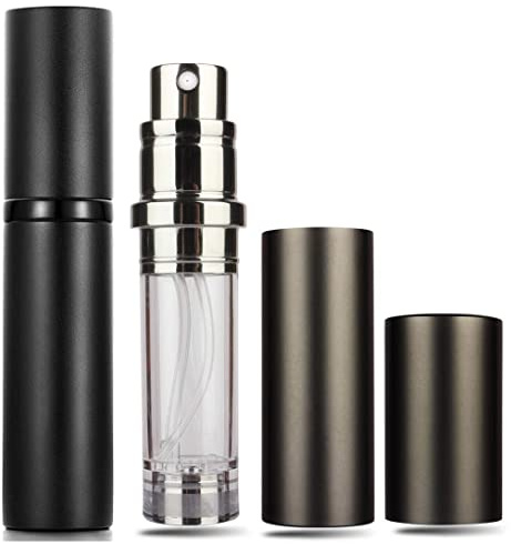 Travelofo Mini-parfym atomisersprayflaska, 5 ml bärbar påfyllningsbar dispenser för män och kvinnor (svart + grå)