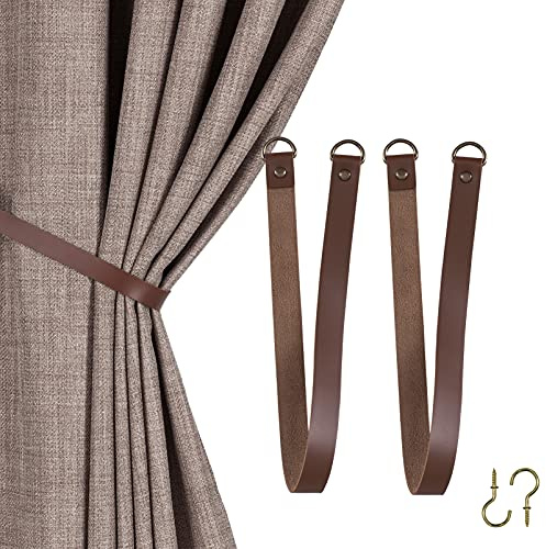 Home Queen Leather Curtain Tie Backs Attach to Wall, Outdoor Drape Holder Holdbacks Tiebacks with Hooks, Set of 2, Chocolate