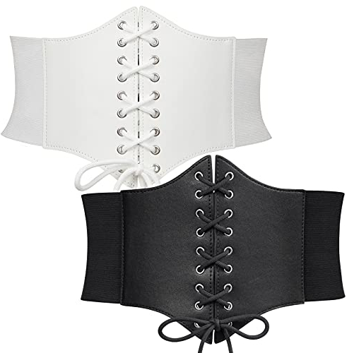 WERFORU 2 Stücke Frauen Tied Waspie Gürtel, Breiter Schnürgürtel für Damen, Korsett elastische Taille Gürtel für Halloween Schwarz/Weiß