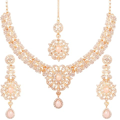 Touchstone Indian jewelry sets for women gold wedding tikka necklace set guest costume fancy bridal jewellery faux pearls white rhinestone crystal elegant formal prom evening wear dainty accessories