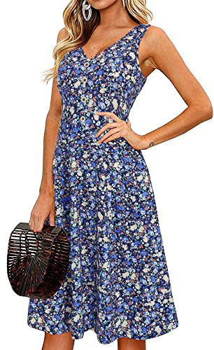 II ININ Women's Summer V Neck Sleeveless Casual Button Down Tank Dress Midi Floral Beach Party Sundress with Pockets