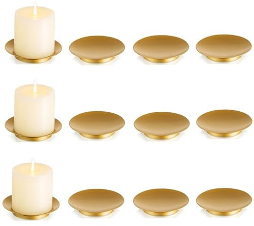 Gold Iron Plate Candle Holder - Inweder Candle Plate for Pillar Candles, Set of 12 Candle Tray, Candle Dish, Decorative Pedestal Candle Stand for LED & Wax Candles, Weddings, Party, Home Decor
