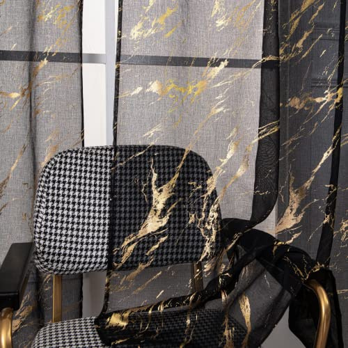 Sutuo Home Marble Sheer Curtains 84 Inch Length 2 Panels Set, Gold Foil Print Metallic Bronzing, Privacy Window Treatment Abstract Drape Pair for Bedroom Kitchen Living Room 52 W x 84 L, Black