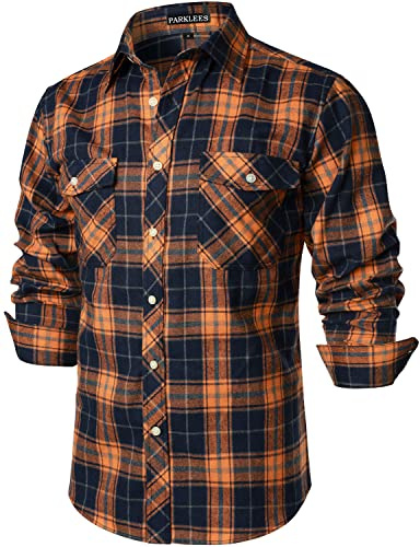 PARKLEES Men's Casual Regular Fit Button Up Flannel Checked Plaid Shirts with Pockets PZLCL41 Orange XL