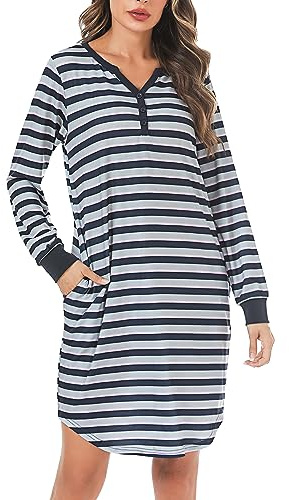 Nieery Ladies Cotton Nightdresses, Long Sleeve Nightgowns Nightshirts， Loose Fit T-shirt Night Dress Nighties Irregular Hem (Grey+Pink+Black, L)