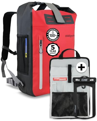 Overboard Wasserdichter Rucksack, 30 l, Roll-Top, schwimmende Trockentasche für Kajak, Strand, Bootfahren, Wandern, Angeln, Rafting, inklusive wasserdichter Handytasche und Rucksack-Organizer, Rot