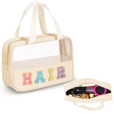 Chenille Letter Clear Zipper Flat Pouch, Transparent Waterproof Stuff Cosmetic Bags,Cosmetic Toiletry Storage Bag with Zipper Toiletry Bag with Preppy Patch for Women,Travel,Gym,Beach (Beige)
