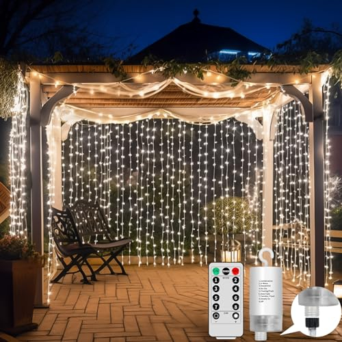 GCMacau Lichtervorhang, 3x3M 300 LEDs Lichterketten Vorhang Kaltes Licht, 8 Modi Lichterkettenvorhang mit 10 Haken Fernbedienung Timer, Lichtervorhang Innen Außen für Weihnachten Hochzeit Party Deko