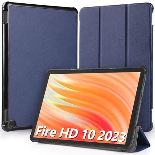 Hianjoo Hülle Kompatibel für Fire HD 10 Tablet 2023 10,1 Zoll, Ultra Dünn Leder Schutzhülle mit Standfunktion Kompatibel für Fire HD 10 13. Generation 10.1, Dunkelblau