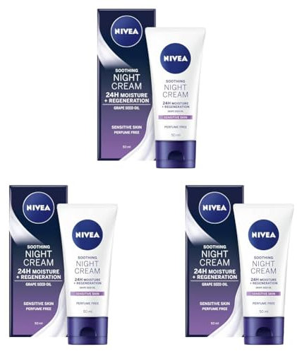 NIVEA Sensitive Night Cream (50 ml), Face Cream for Sensitive Skin with Liquorice Extract and Grape Seed Oil, Regenerating Skin Care (Pack of 3)