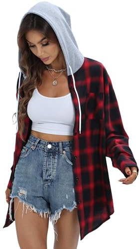 Damen Oversize Shirt Langarm Holzfällerhemd Blusen mit Kapuze Lässige Flanell Karierte Bluse