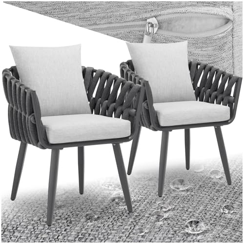 tectake® Balkonmöbel Set, 2X Gartenstuhl, Stühle aus Metall, Gartenstühle mit Rücken Kissen und Sitzpolster, Outdoor Sessel Rope Design, für Balkon und Garten, als Terrassenmöbel