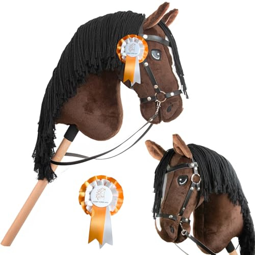 Hobby Horse Bai Marrón crins Negros. Caballo palo completo con red, Mors, rienda y Flot. Cabeza de caballo palo para Hobby Horsing Niños y Adolescentes