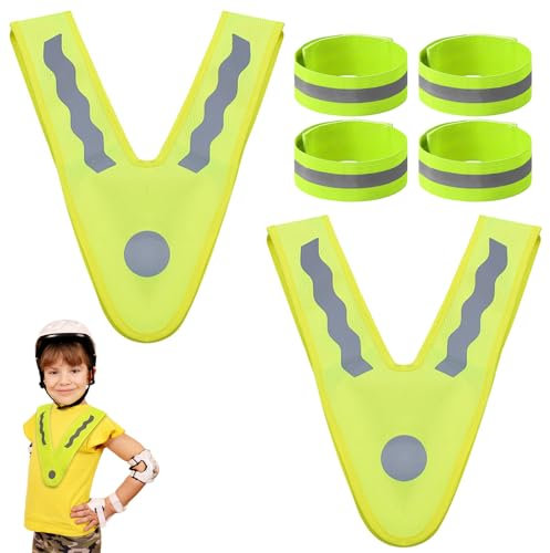 YCHYAN 2 Pezzi Giubbotto Riflettente per Bambini, 4 Pezzi Fascia da Braccio Riflettente, Forma a V Giubbotto Catarifrangente per Bambini, Biciclette Gilet ad Alta visibilità, Adatto all'Uso Esterno