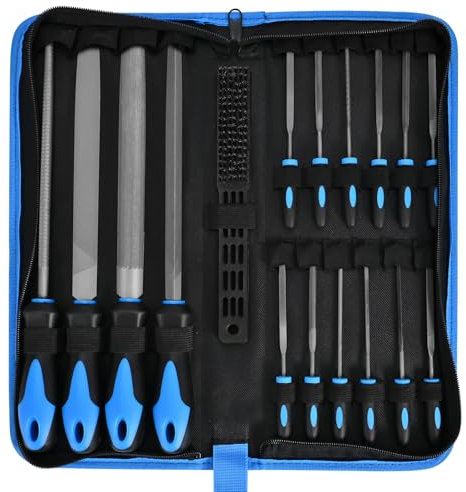 SOWKIPE 17-delars metallfilset med bärväska, 4 stora metallfiler, 12 små nålfilar och rengöringsborste, perfekt för trä, plast med mera