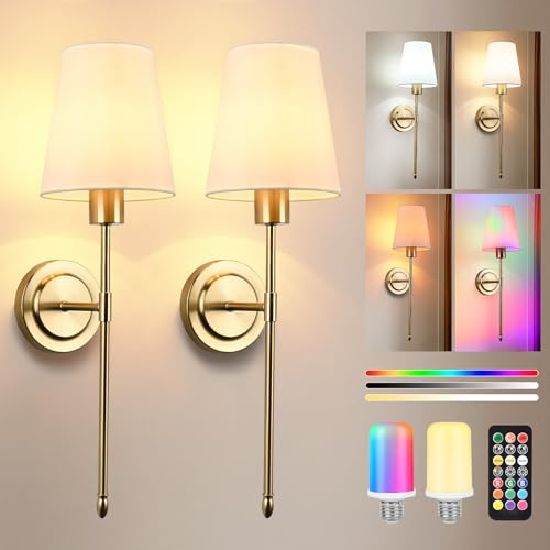 GuKKK Applique Murale Sans Fil, 2 Pièces 6000MAh Lampe Murale Sans Fil Rechargeable RGB LED Lampe avec Télécommande,Applique Murale Lampe Dimmable Pour Intérieure Chambre Salon Couloir (Or)