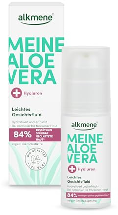 alkmene Aloe Vera Gesichtsfluid mit Hyaluron 50 ml - Aloe Vera Gel Gesicht für normale bis trockene Haut - Feuchtigkeitscreme vegan - Aloe Vera Gesichtscreme, Alea Vera Gel, Aloeveragel