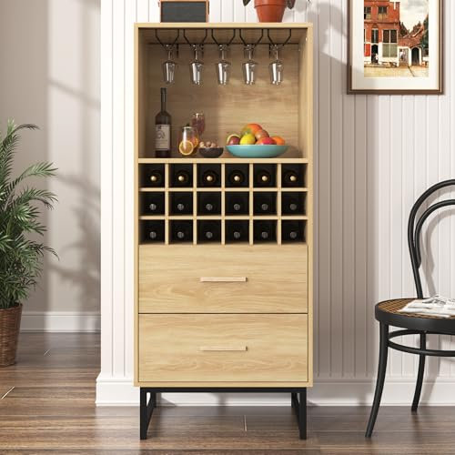 YuQozii Elegante armario para vinos con 2 cajones, 18 compartimentos y soporte para vasos, patas de metal negro mate, perfecto para los amantes del vino