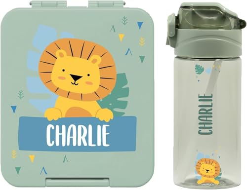 Stellasticker - Set con borraccia personalizzabile per bambini e porta pranzo/merenda personalizzato per bambini in plastica - Borraccia con cannuccia capacità 450 ml - Senza BPA (Verde salvia)