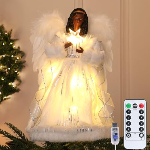 SINTENILL 12.5 Black Angel Christmas Tree Topper with Lights, Lighted Angel Tree Topper with White Feather Wings and Star Light, Remote Control, Timer & USB Powered for Holiday Party Decor