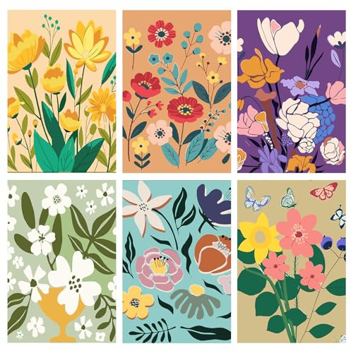 Jawecci 6 Pack Flowers Paint by Numbers Kits for Adults - Landscape Painting by Numbers Floral Kits on Canvas with Accessories for Gifts Home Decor 20X30cm