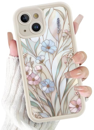 Xylota Fodral för iPhone 13, Aesthetic Designs Mode Beige Silikon Blomsterfodral, TPU Kvinnor Tunn Mjuk Stötsäker Stötsäker Skyddshölje Fodral för iPhone 13 6,1 tum-02