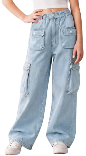 Baogaier Filles Jeans Cargo Mode Décontractés Baggy Pantalon pour 7-15 Ans | Jambes Larges,Taille Élastique, Denim Jeans, avec Poches, Loose Fit, Casual Y2K, Polyvalent, école, Loisirs, Ado Pantalons