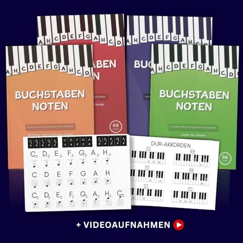 MEGA Paket der Buchstaben-Noten. Klavierspielen nur mit Buchstaben. 4 Bücher für Anfänger. 324 einfache Lieder & Videoaufnahmen + Klavier & Keyboard Aufkleber für Tastatur.