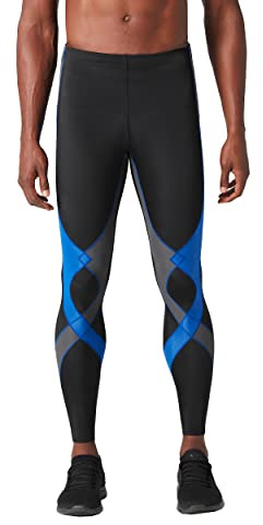 CW-X Men's Stabilyx Joint Support Compression Sports Tights, Pants for Running and Recovery, Black/Grey/Blue, Large, 225809A