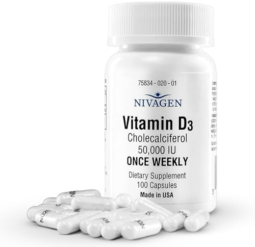 Nivagen Vitamin D3 50,000 IU (1250 mcg) | Once Weekly Dose | 100 Capsules (100 Weeks, Approx. 2 Years Supply) | Easy to Swallow | Bone, Muscle & Immune Support | Non-GMO, Gluten Free | Made in USA