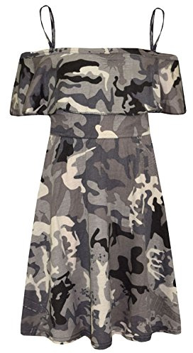 A2Z 4 Kids Girls Skater Dress Summer Party Fashion - Off Shoulder Dress Camo Charcoal_11-12