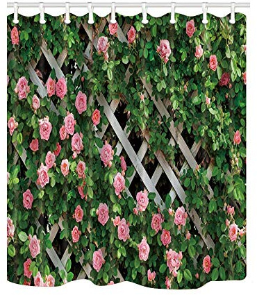 JOOCAR Garden Shower Curtain, Rustic Decor Rosemary Roses Flower on Fence, Waterproof Cloth Fabric Bathroom Decor Set with Hooks