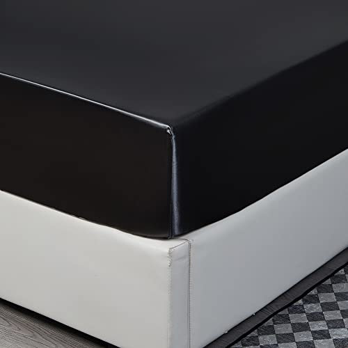 Nayoroom Spannbettlaken Satin 90x200cm Schwarz Seide Glanzsatin Glatt und Bequem Microfaser Spannbetttuch Bettlaken für Boxspringbett Topper Matratze bis 25 cm