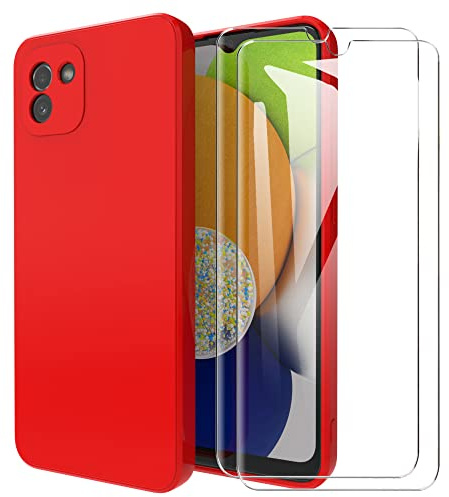 MOONESS kompatibel mit Samsung Galaxy A03 4G 6,5 Zoll Hülle,Handyhülle für Samsung Galaxy A03 4G mit 2 Stück Schutzfolie,Liquid Silikon TPU Schutzhülle Dünn Backcover - Rot