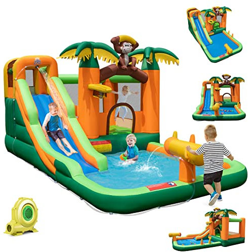 COSTWAY Château Gonflable Tropical à Thème Singe & Palmier avec Toboggan Aquatique, Maison de Saut Gonflable avec Piscine & 50 Boules, Charge 90kg pour 2 Enfants de 3-10 Ans（avec souffleur 680W…