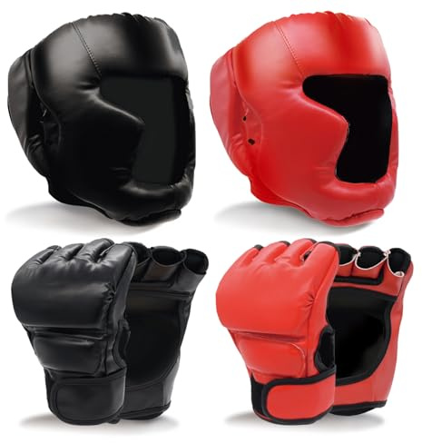 Boxing Gloves and Headgear Set Including 2 Pack Boxing Headgear and 2 Pack Boxing Gloves Boxing Equipment Sparring Gear Equipment for Beginners Adults Men Women(BlackRed)