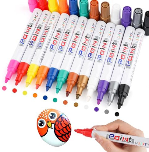Permanent Marker Wasserfeste Stifte, 12 Pcs Bunt Lackstift Stifte, Schnell Trocknend Glasstift, Permanent Lackmarker Set für Kunststoff, Karton, Holz, Metall, Leinwand